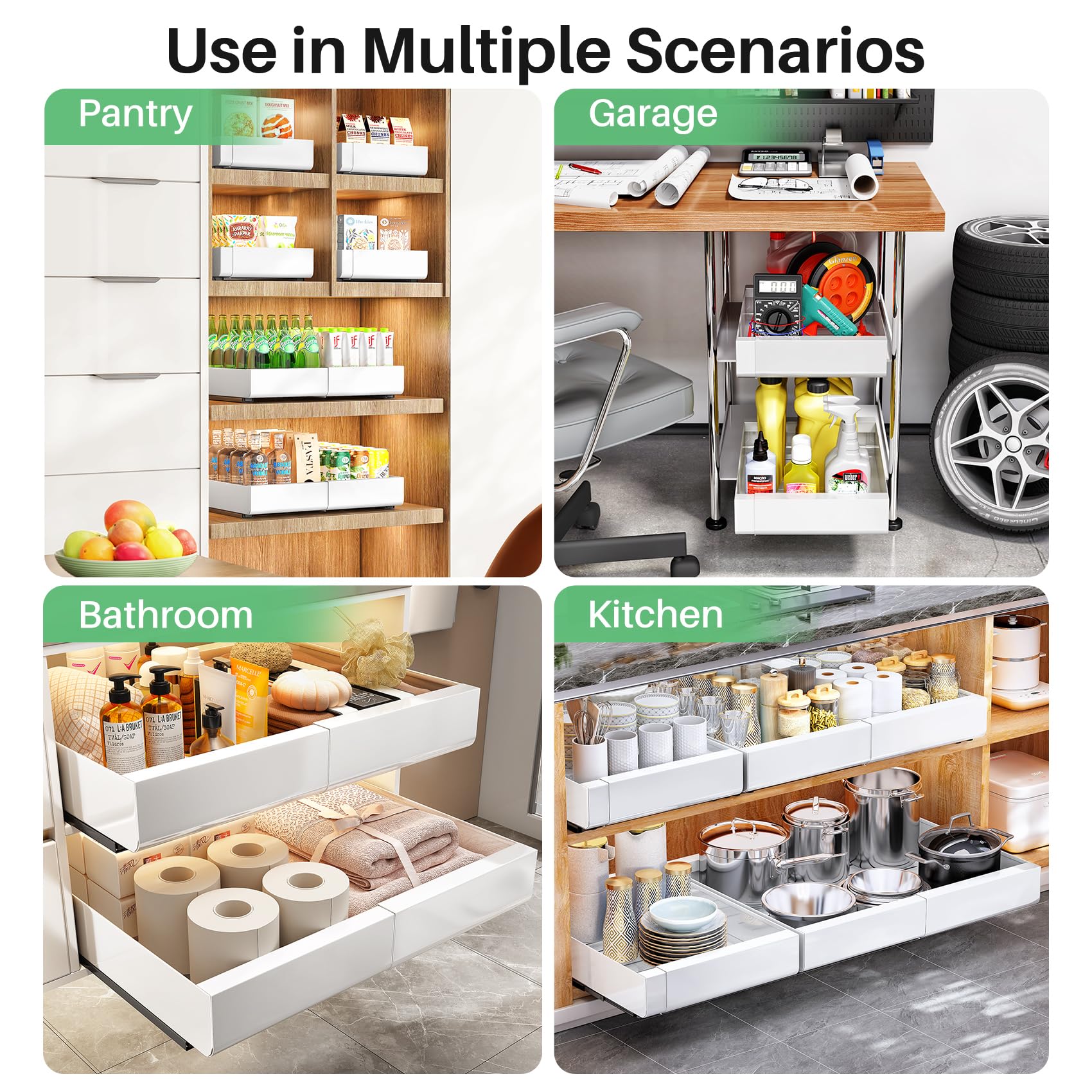 Pull out Cabinet Organizer, Wider Expandable(14"-24") Heavy Duty Slide out Drawers Fixed with Adhesive Nano Film for Pots, Roll out Shelf Storage for Kitchen Cabinet Organization(White-1pc)(3 Rails)