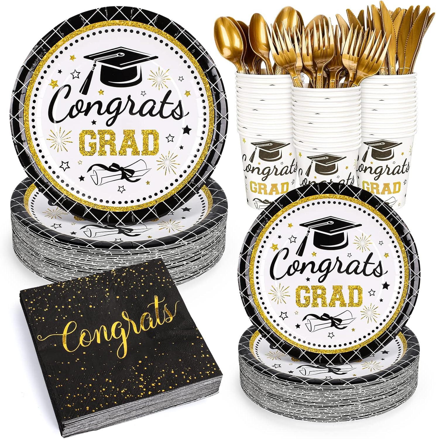 Whaline Graduation Party Supplies - 175Pcs Disposable Tableware Set for 25 Guests | Plates, Napkins, Cups, Cutlery