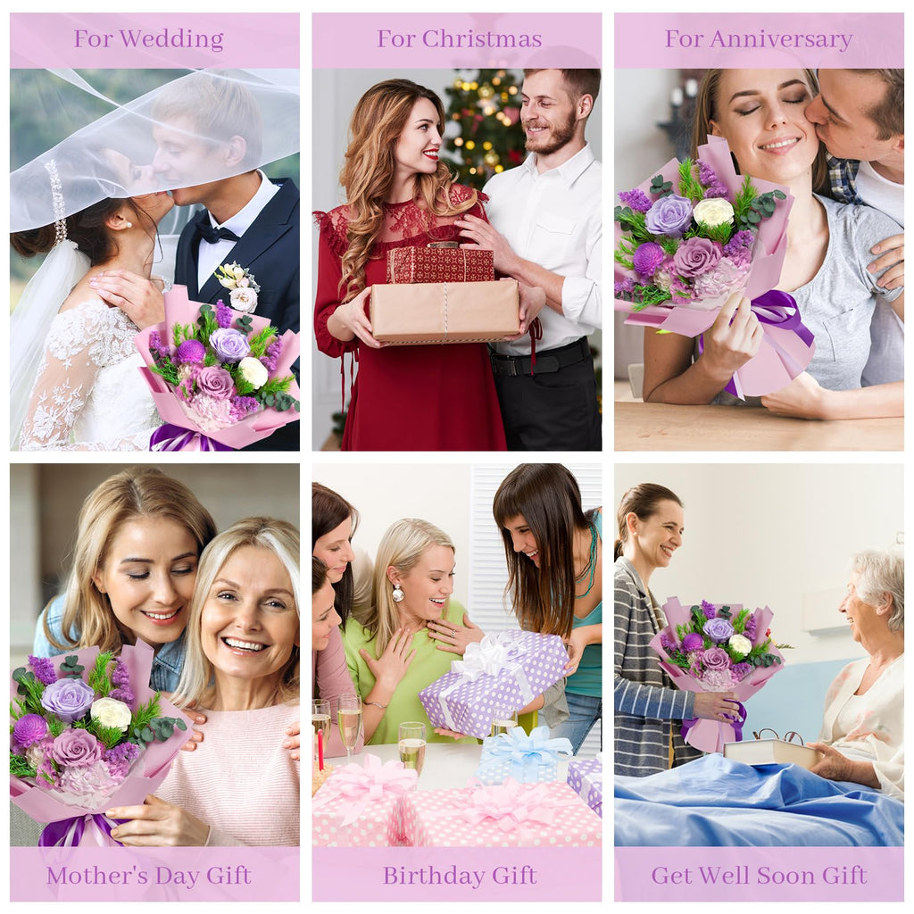 Preserved Flowers Bouquet - Birthday Gifts for Women, Real Flowers for Delivery Prime, Long-Lasting Eternal Rose for Her on Valentines Mothers Day Christmas Anniversary (Purple)