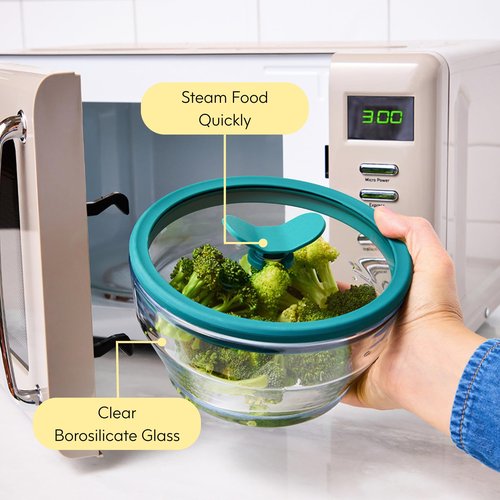 Anyday 7-Cup Glass Food Storage with Glass Lid, Round Shallow Dish | Plastic-Free Meal Prep & Microwave Cookware | Stackable Airtight Storage Container with Vented Lid for Microwave-Safe Reheating