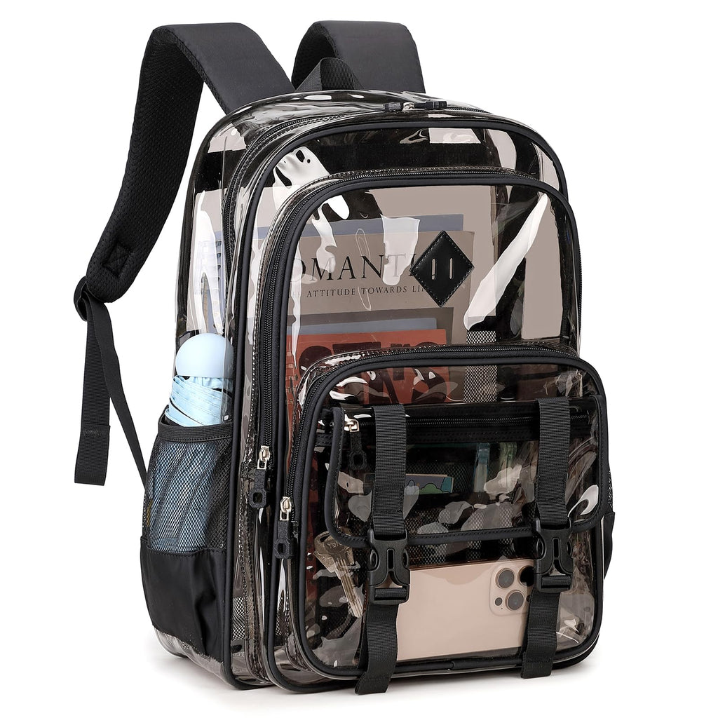 QIXIHU Large Clear Backpacks for School Heavy Duty Transparent Backpack for Stadium Event See through Bookbag for Kids Adult Thick PVC Back Pack, Semi-Black