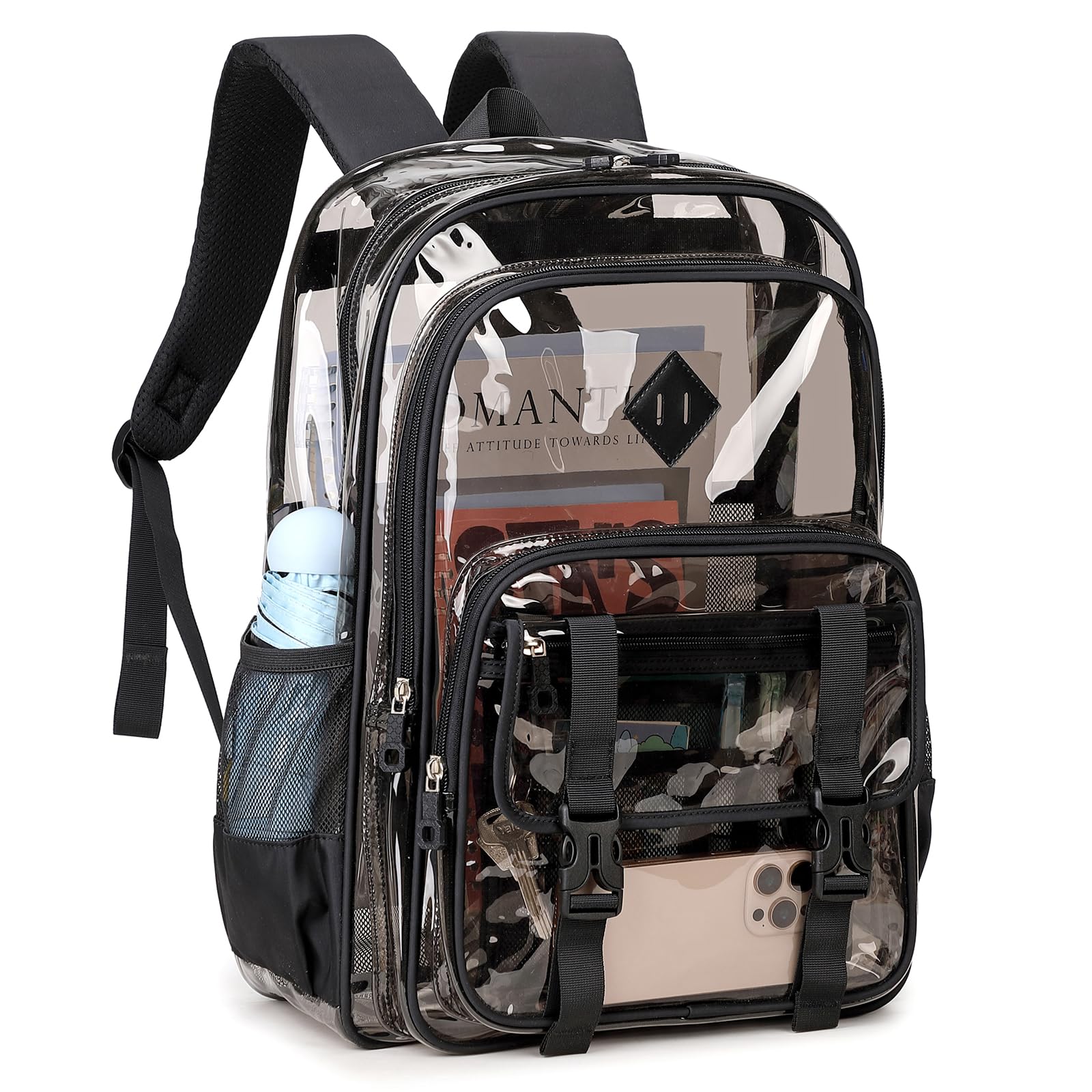 QIXIHU Large Clear Backpacks for School Heavy Duty Transparent Backpack for Stadium Event See through Bookbag for Kids Adult Thick PVC Back Pack, Semi-Black