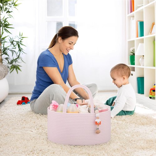COMSE Baby Diaper Caddy Organizer - Portable Tote Bag with Dividers | Light Pink Baby Shower Gift