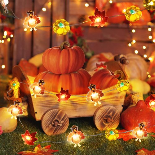 [Timer, 8 Modes]10Ft 30LED Thanksgiving Lights Decoration, Battery Operated Copper Wire String Lights Thanksgiving Turkey Maple Pumpkin Lights Thanksgiving Lights Indoor Home Autumn Harvest Fall Decor