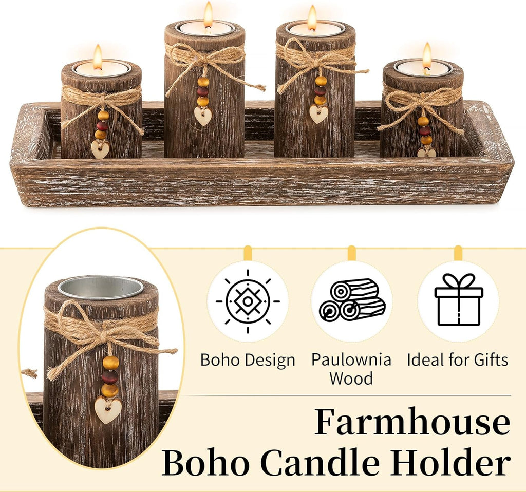 Romadedi Candle Holder Set - Boho Wooden Tray with 4 Tealight Holders for Farmhouse Decor | Living Room Centerpiece