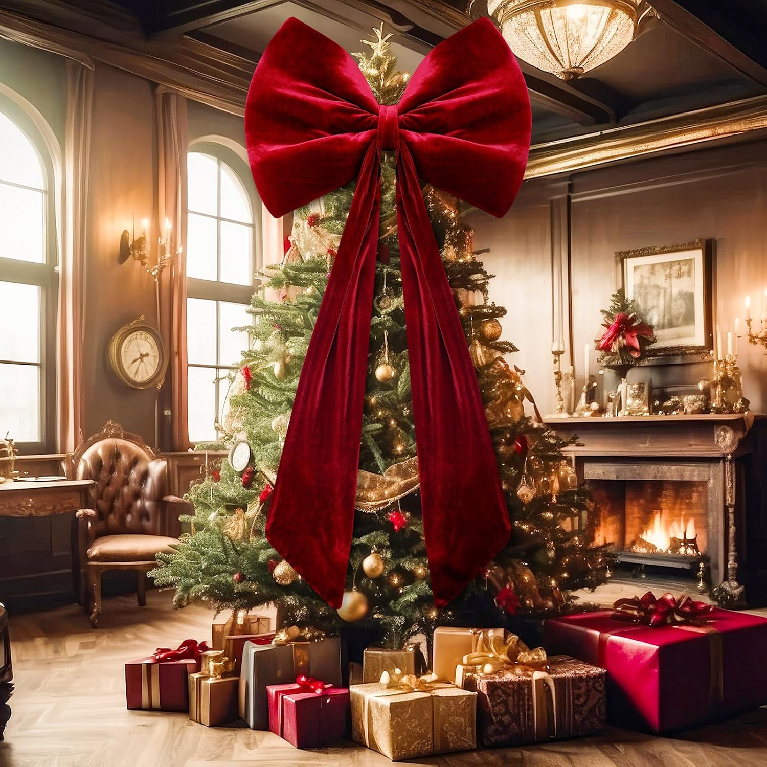 Skiennix Large Velvet Red Bow - 40x18 Inch Giant Tree Topper Ribbon | 3D Wall Decor for Parties & Events (Wine Red)