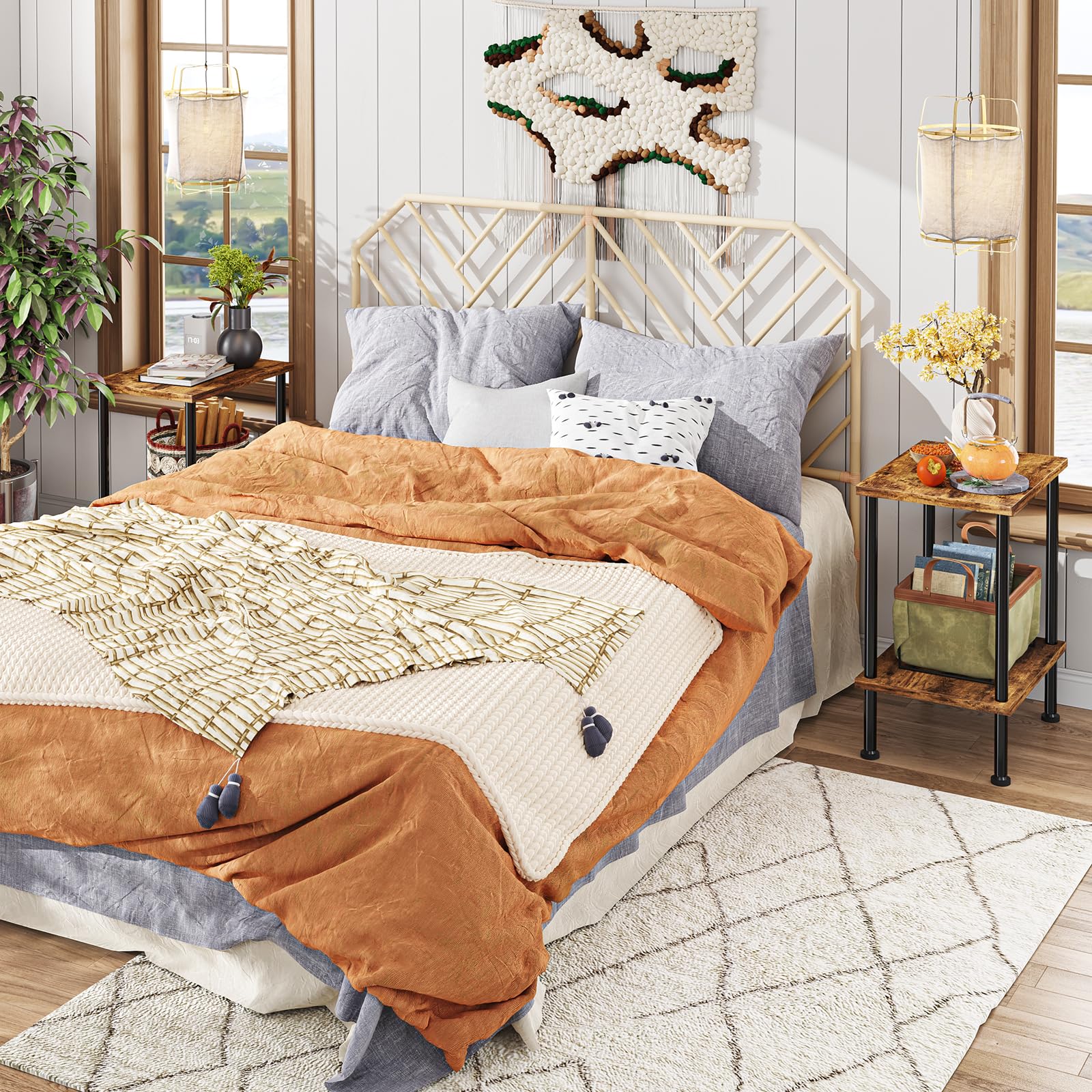 Simple Trending Side Table, Small End Table Living Room, Nightstand with 2 Tier Storage Shelves, Rustic Brown