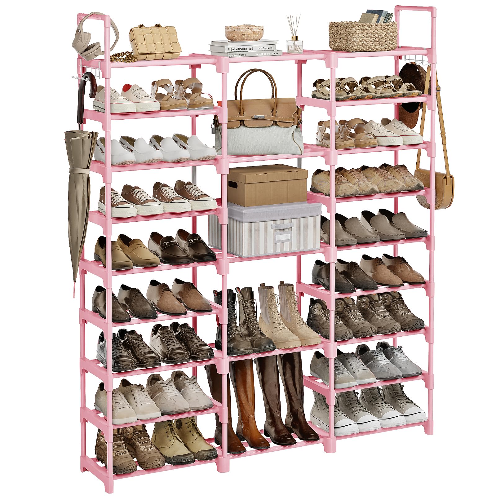 WOWLIVE 9 Tiers Shoe Rack Shoe Storage Shoe Organizer 50-55 Pairs Shoe Tower Unit Shelf Durable Metal Pipes with Plastic Connectors Stackable Cabinet Pink