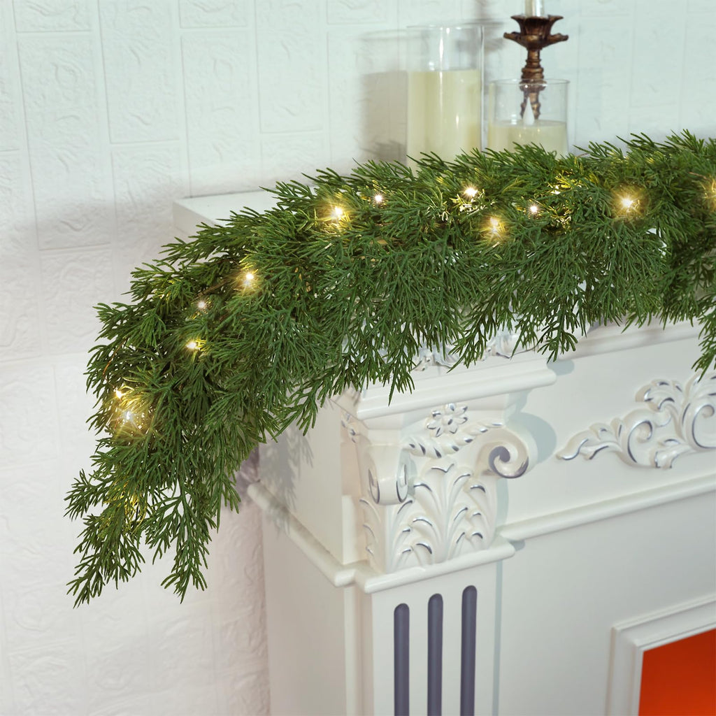 Realistic Christmas Garland With 8 Lighting Modes 6FT Real Touch Lush Artificial Cypress Garlands Prelit Garlands for Stairs Railing Fireplace Table Christmas Decorations Indoor Holiday Decor Greenery