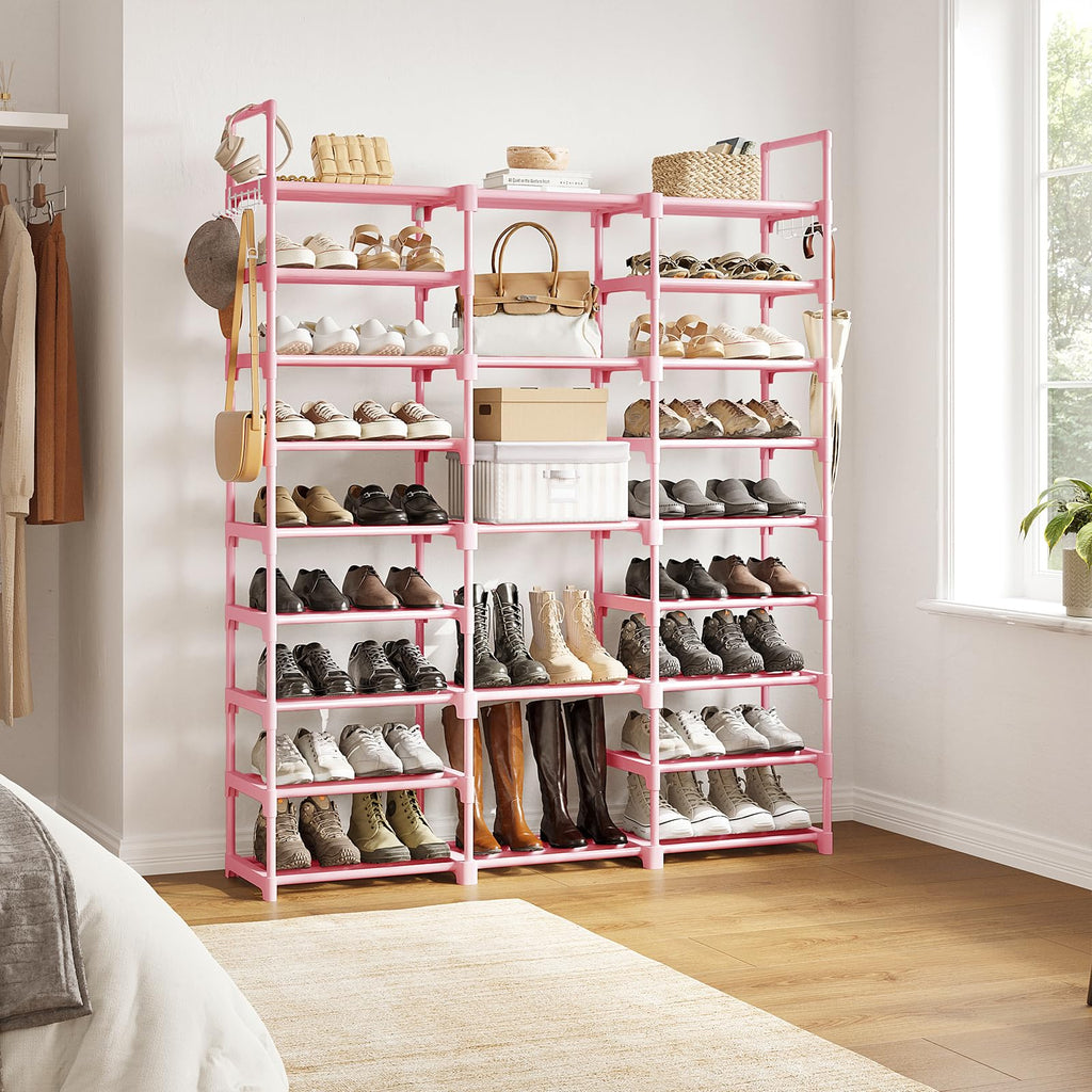 WOWLIVE 9 Tiers Shoe Rack Shoe Storage Shoe Organizer 50-55 Pairs Shoe Tower Unit Shelf Durable Metal Pipes with Plastic Connectors Stackable Cabinet Pink