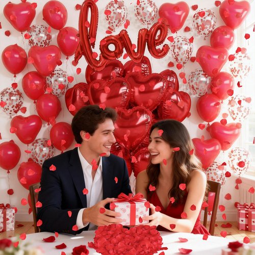Red Heart Balloons Love Balloon Valentines Day Balloons Decorations Red Heart Shaped Confetti Latex Balloon with Rose Petals for Romantic Valentine Bridal Shower Wedding Special Night Party Decoration