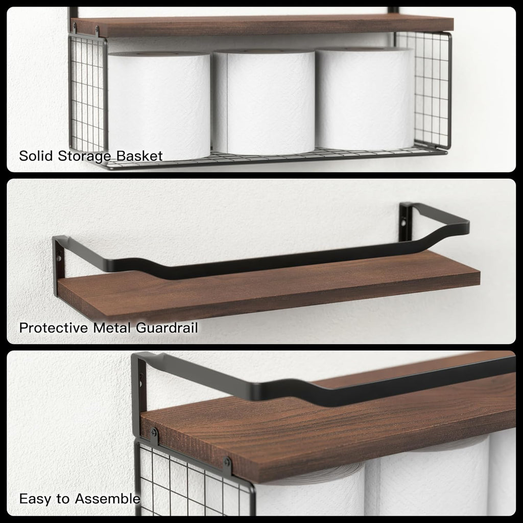 WOPITUES Floating Shelves - Stylish Wood Wall Storage with Metal Guardrail | Dark Brown, Ideal for Bathroom & Living Room