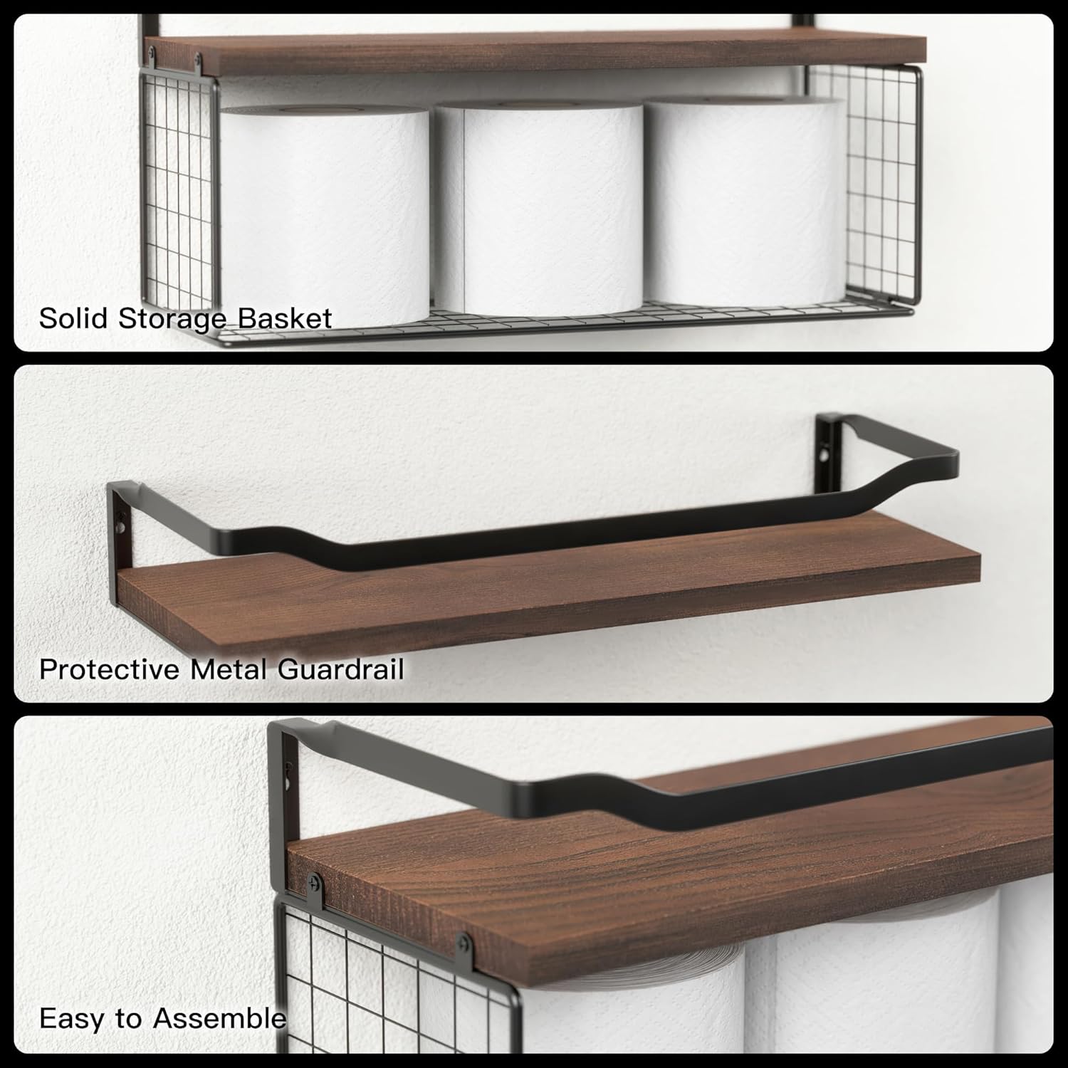 WOPITUES Floating Shelves - Stylish Wood Wall Storage with Metal Guardrail | Dark Brown, Ideal for Bathroom & Living Room