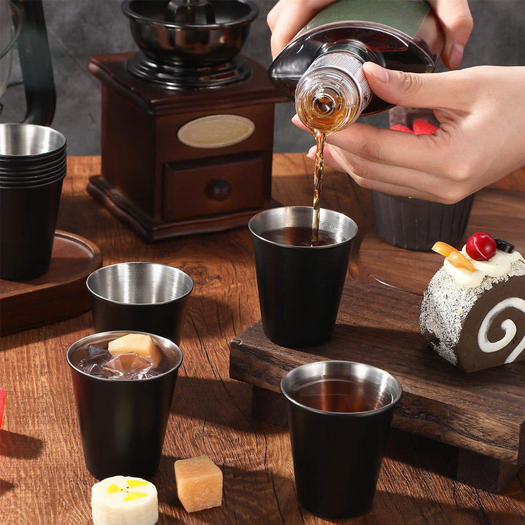 Lallisa 100 Pcs 2 oz Stainless Steel Shot Glasses Metal Cups Small Unbreakable Shot Glass for Espresso Whiskey Bar Home Restaurant Camping Barware Gift (Black)