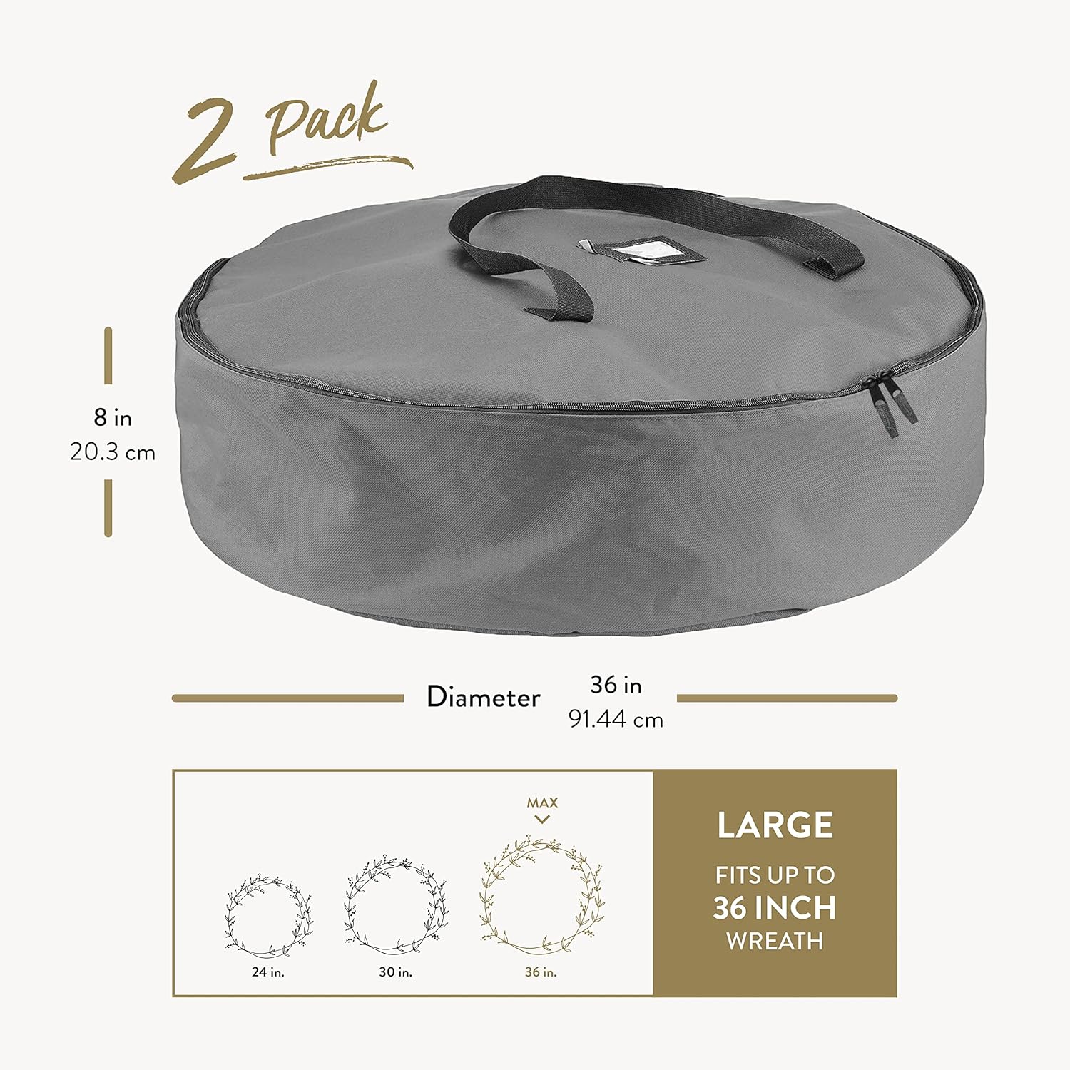 ZOBER Oxford Christmas Wreath Storage Container - 36 Inch Waterproof Bag with Dual Zippers & Durable Handles - Gray