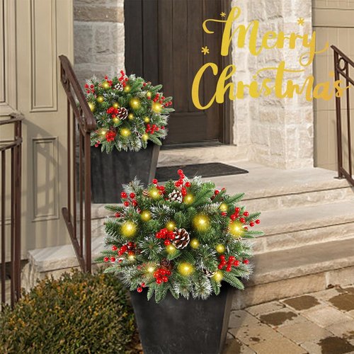 Juegoal Pre-Lit Christmas Tree Urn Filler - Lighted Artificial Pine Trees with 8 Modes & Timer, Battery Powered