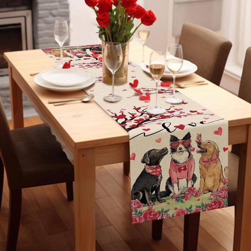 Amreich Valentines Day Dog & Love Tree Table Runner - Dating Dinner Anniversary Wedding Valentine's Table Decor for Home Party Favors 13 X 72 Inch