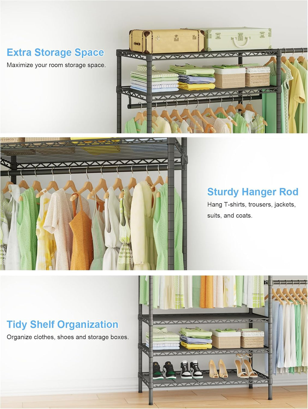 Ulif E11 Heavy-Duty Garment Rack - Metal Freestanding Clothes Organizer with 8 Shelves & 4 Hanger Rods | Black, 71.2" H