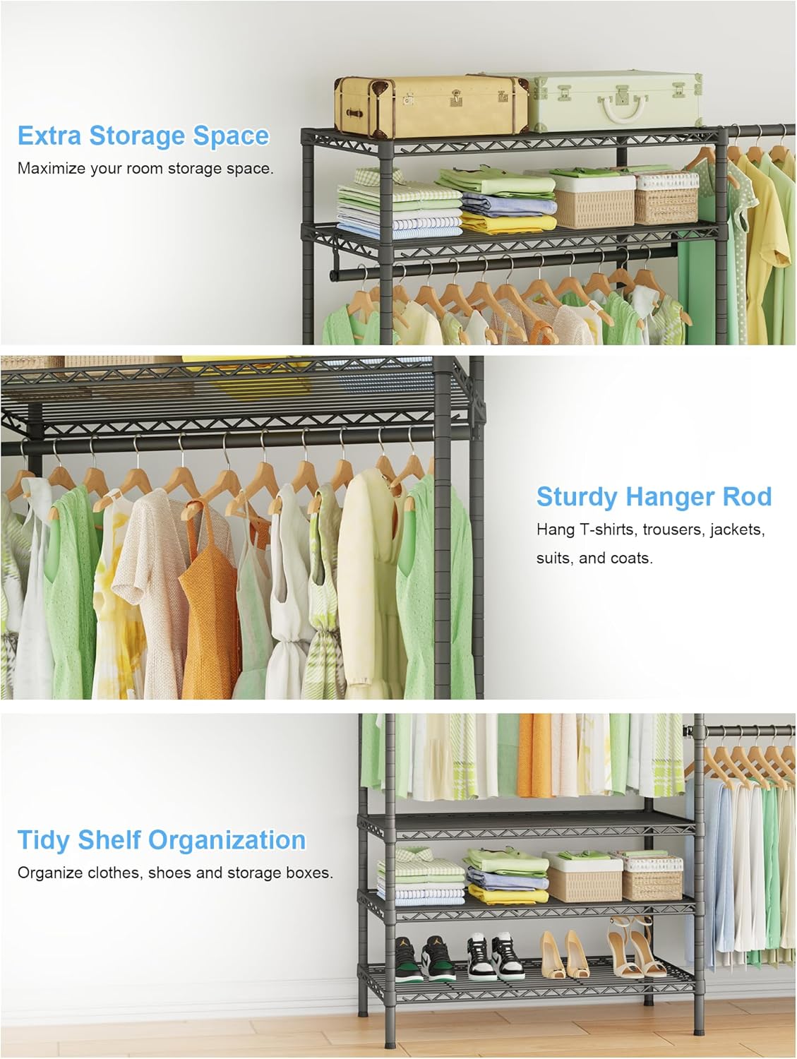 Ulif E11 Heavy-Duty Garment Rack - Metal Freestanding Clothes Organizer with 8 Shelves & 4 Hanger Rods | Black, 71.2" H