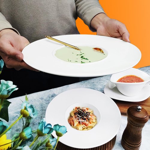 jinsongdafa Ceramics Rimmed Soup Bowls 8.6 oz, White 11 inch Exquisite small soup plate Set of 4, Pasta plates With Rim is the best choice for hotels, kitchens, fine restaurants and gourmets