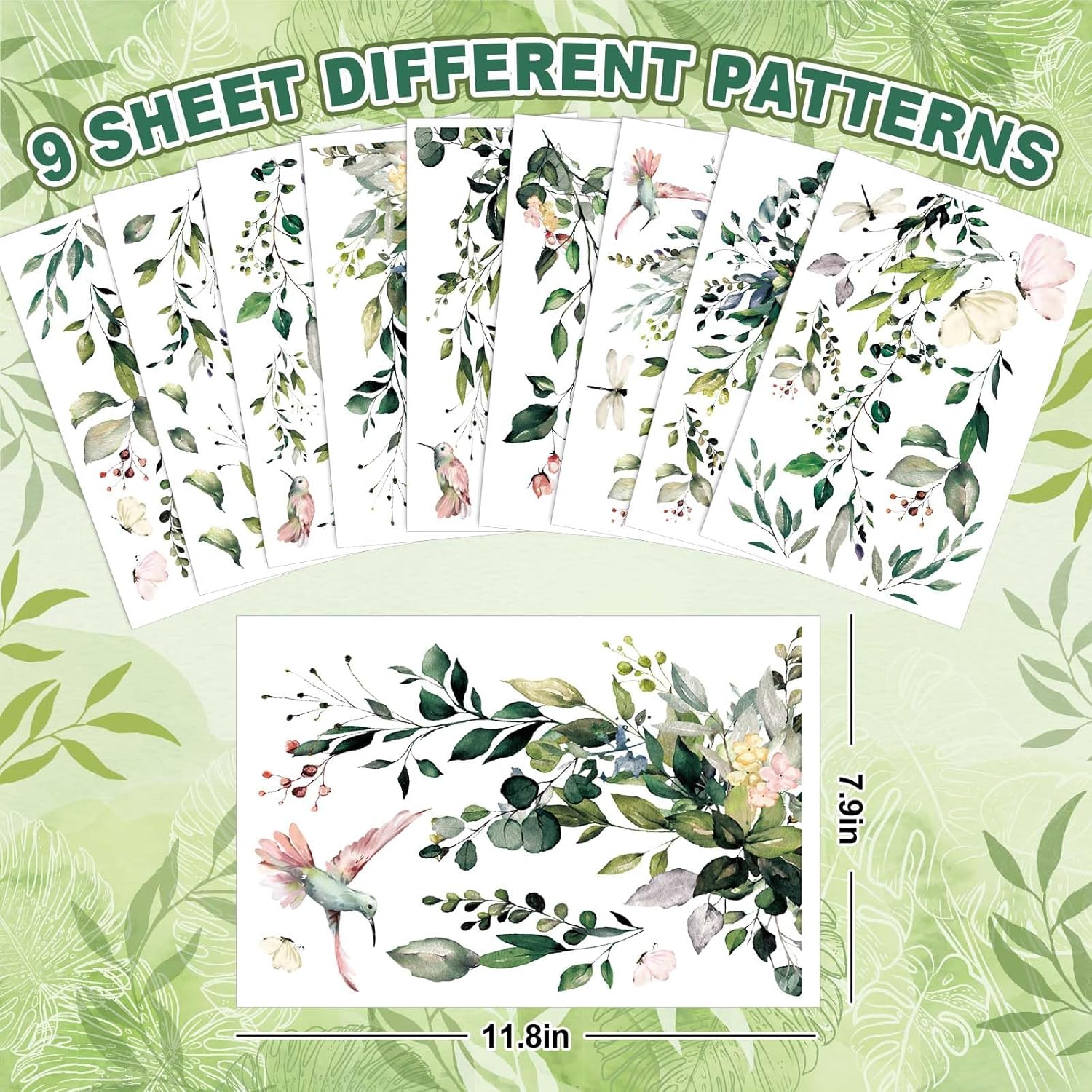 Whaline Window Cling Stickers - Reusable Eucalyptus Floral Decals for Home Decor | 9 Sheets