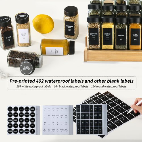 GMAMXD 36 Glass Spice Jars with Labels, Spice Jar Set, 4oz Spice Containers, Seasoning Containers with Black Airtight Lids and Shaker Lids, Square Empty Spice Bottles, 492 Labels, 1 Funnel