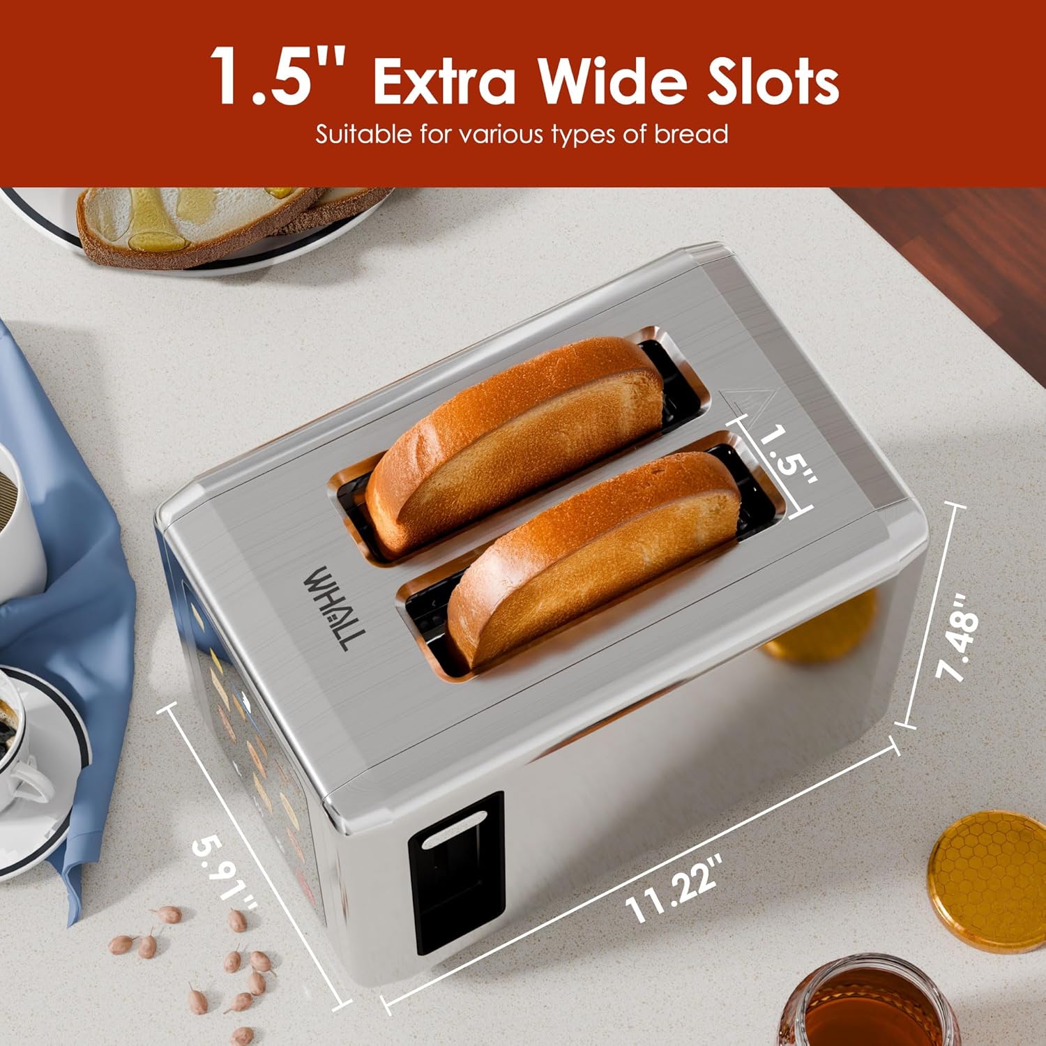 WHALL Stainless Steel Toaster - 2 Slice Full Touch Screen with Digital Timer & 6 Shade Settings | Silver