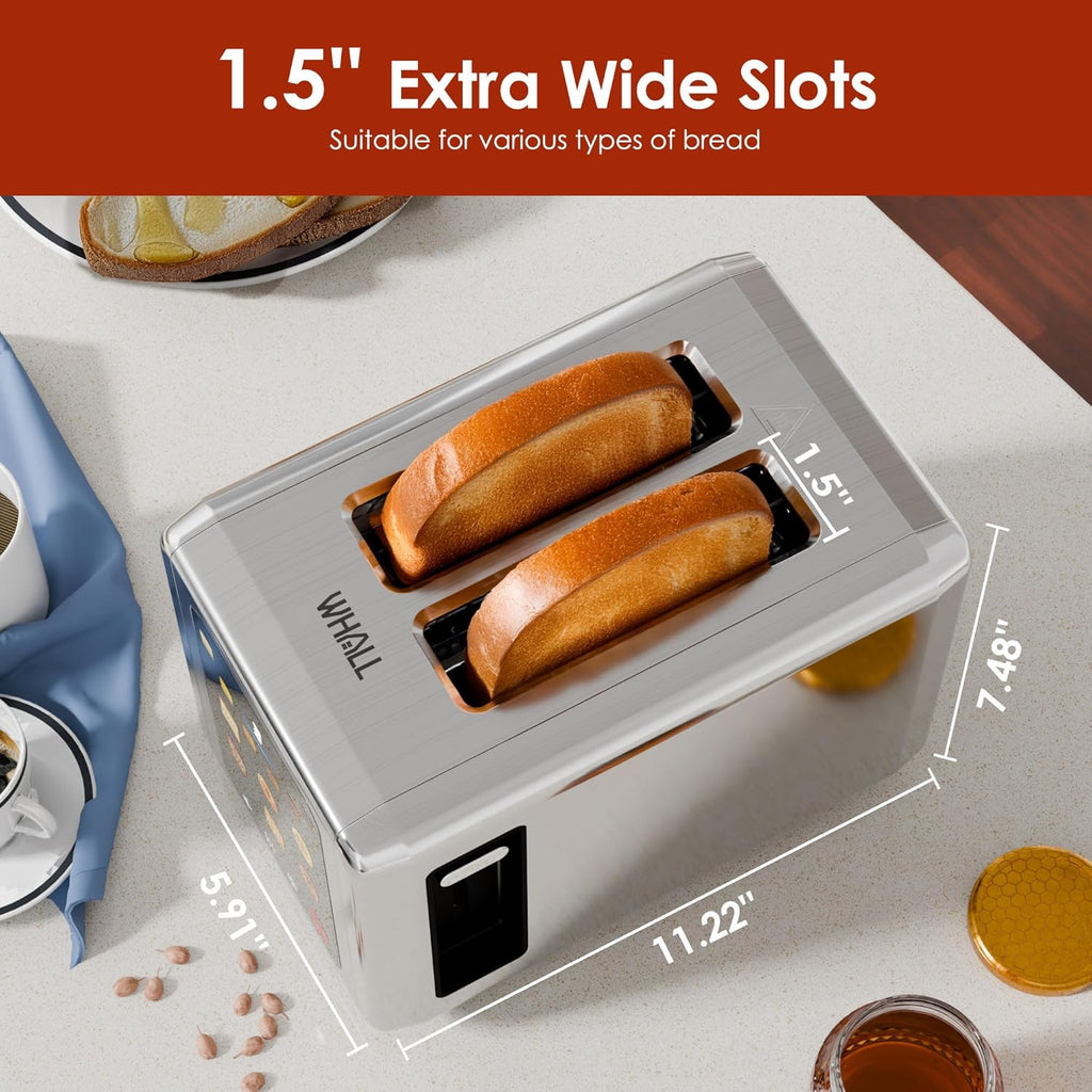 WHALL Touch Screen Toaster - 2 Slice Smart Toaster with Digital Timer & 6 Shade Settings | Stainless Steel, Silver