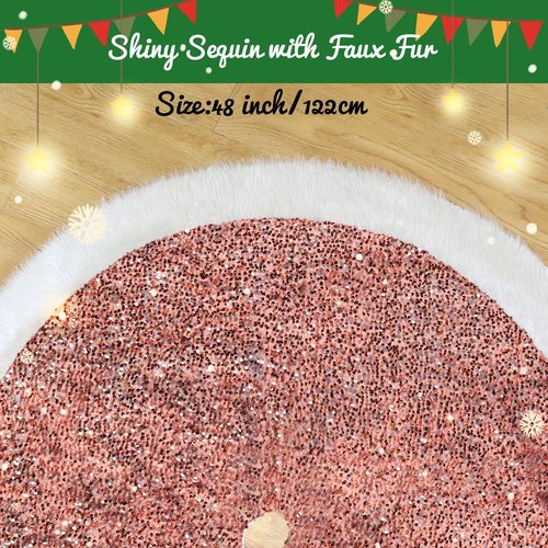 Leapig Christmas Tree Skirt 48 inch Shiny Pink Sequin Sparkly with Faux Fur Plush Tree Mat for 5-7FT Large Xmas Tree Christmas Tree Decorations for Holiday Home Decor Party