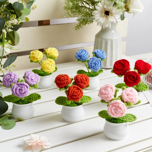 LAIDANLA Crochet Flowers Red Roses Mini Potted, Handmade Red Rose Anniversary Appreciation Birthday Gifts for Women Teacher Lover Mom Friend Knitted Flower for Desk Car Dashboard