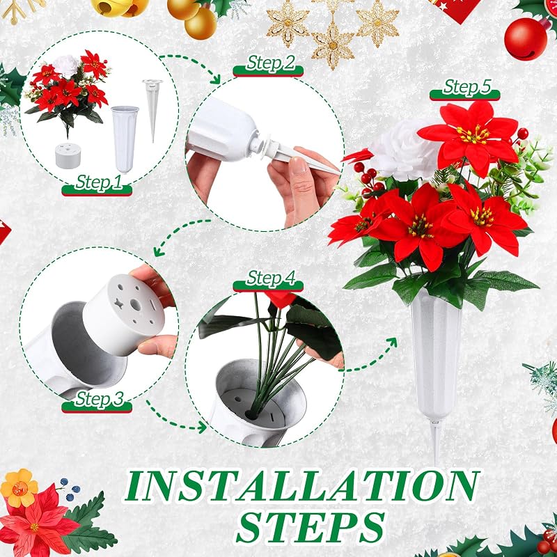 4 Set Christmas Flowers for Cemetery - Artificial Poinsettia with Grave Vase (Variation: 4+Poinsettia)