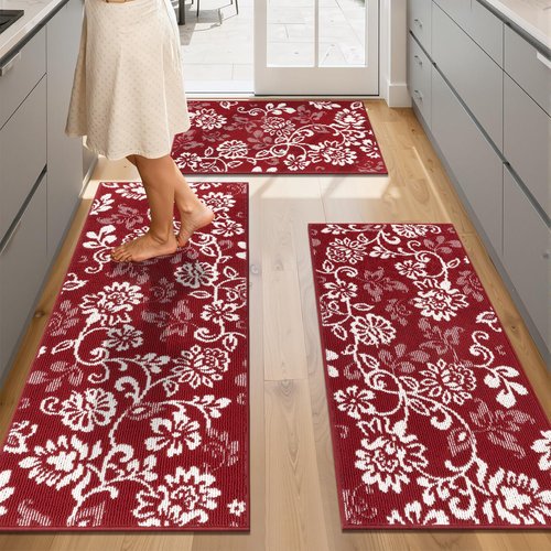 LOKHOM Christmas Kitchen Rugs Sets of 3, Non Slip High-Low Textured Red Kitchen Mats for Floor with Rubber Backing, Paisley Floral Washable Carpet Runner for Hallways Sink Holiday Decor (Red & White)