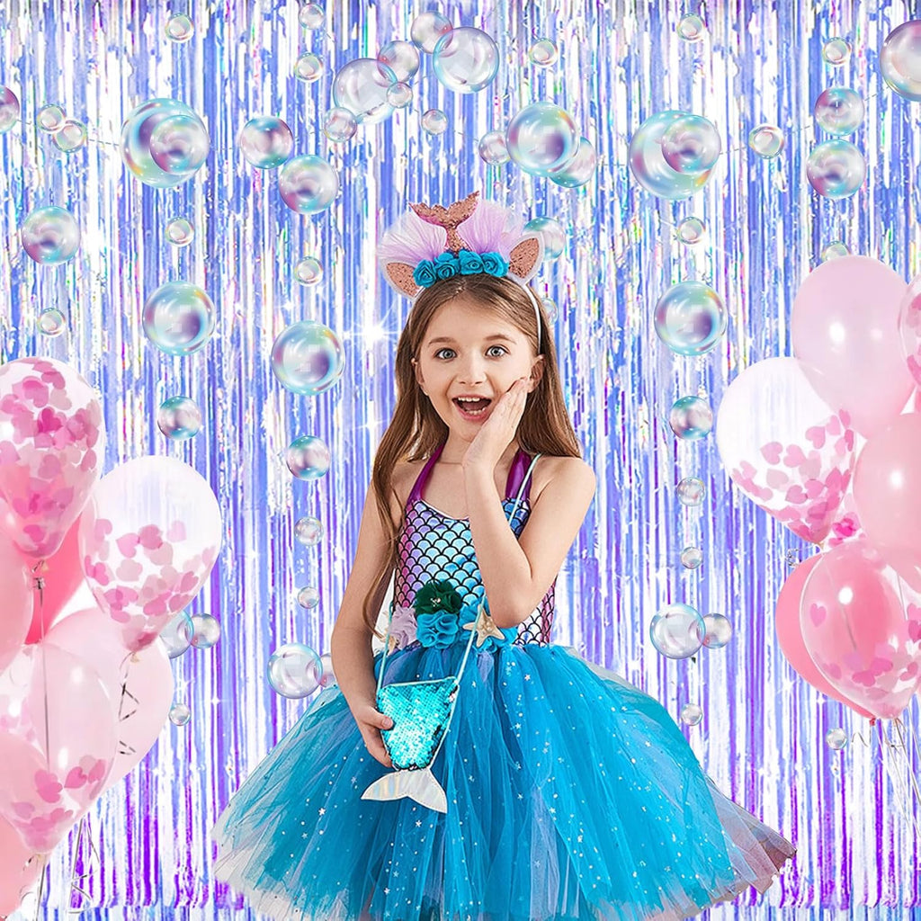 Skiennix Iridescent Party Streamers - Tinsel Foil Fringe Curtains with Colorful Bubble Garlands | Perfect for Ocean-Themed Celebrations