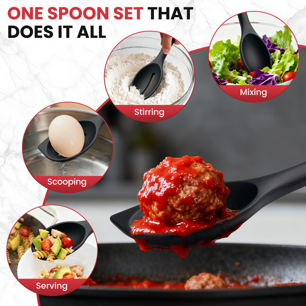 Silicone Spoons for Cooking, 600°F Heat Resistant Cooking Spoon with Solid & Slotted Spoon for Mixing, Serving, Stirring, Scraping, BPA Free Silicone Kitchen Utensil Set, Dishwasher Safe (2Pcs, Black)