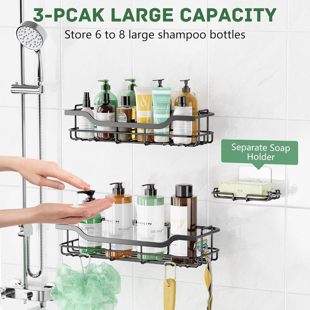 OMAIRA Shower Caddy - 3-Pack Rustproof No-Drill Organizer with Soap Holder for Smooth Walls & Glass Tile