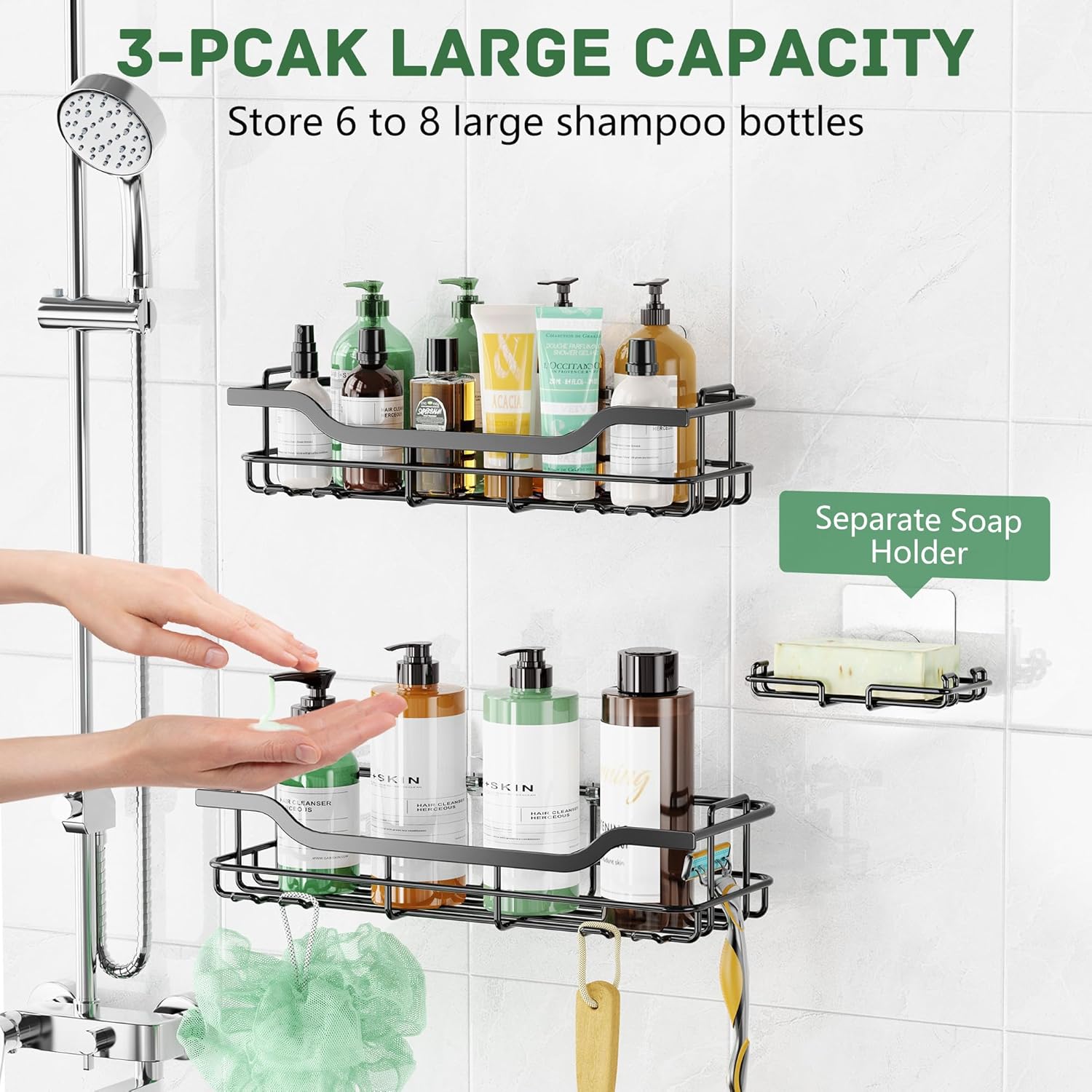 OMAIRA Shower Caddy - 3-Pack Rustproof No-Drill Organizer with Soap Holder for Smooth Walls & Glass Tile