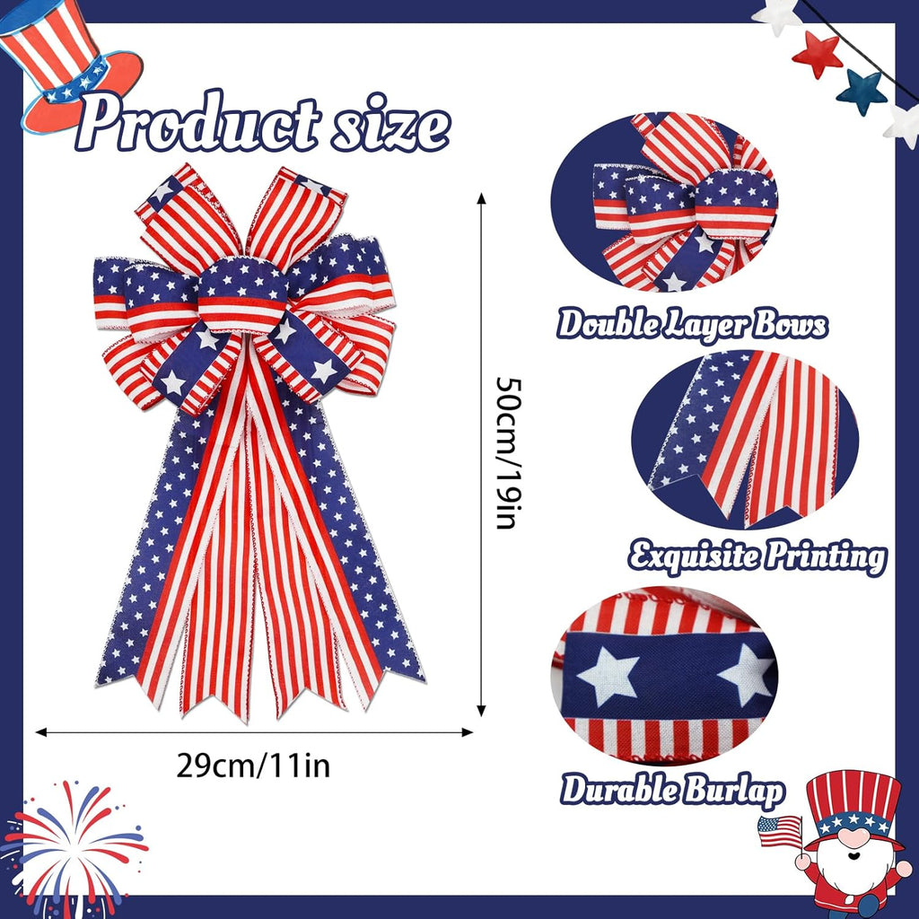 Skiennix Large Patriotic 4th of July Bows - Pre-Tied Wired Ribbon for Wreaths | 20x11 Inch, 2 Pack, Red
