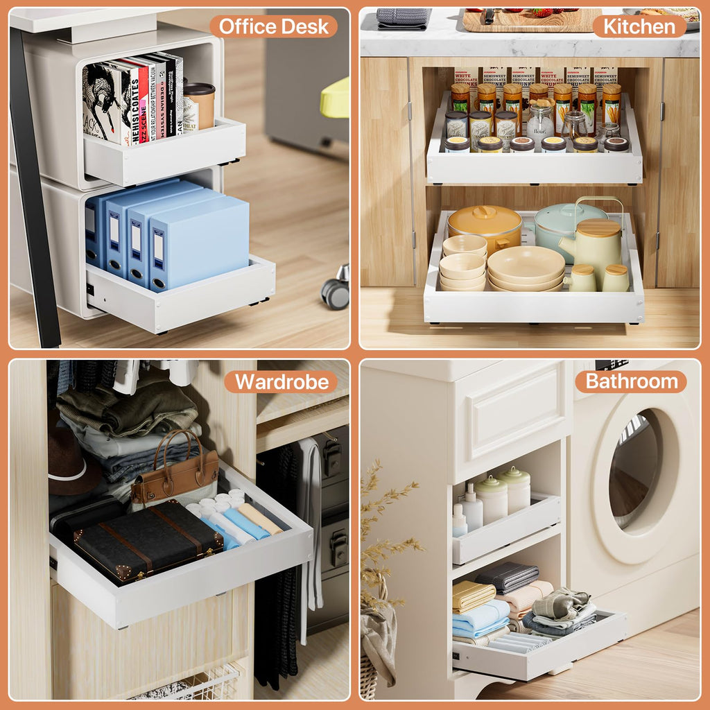 BUFOR 2 Pack Pull out Cabinet Organizer, Width (12"-19") Depth (17"-23"), with 3 Rails Adjustable Slide, Expandable Pullout Drawers for Cabinets, No Drill Adhesive Kitchen Drawers for Pantry Shelves