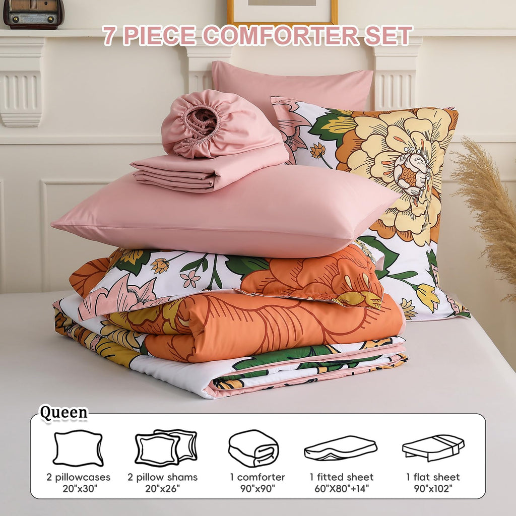 Djoymock Floral Comforter Set, Pink Orange Bedding Set Queen Size 7 Piece Boho Chic Flower Bed in a Bag Revesible Microfiber Winter Down Alternative Bed Set with Pillowcases & Shams,Sheets