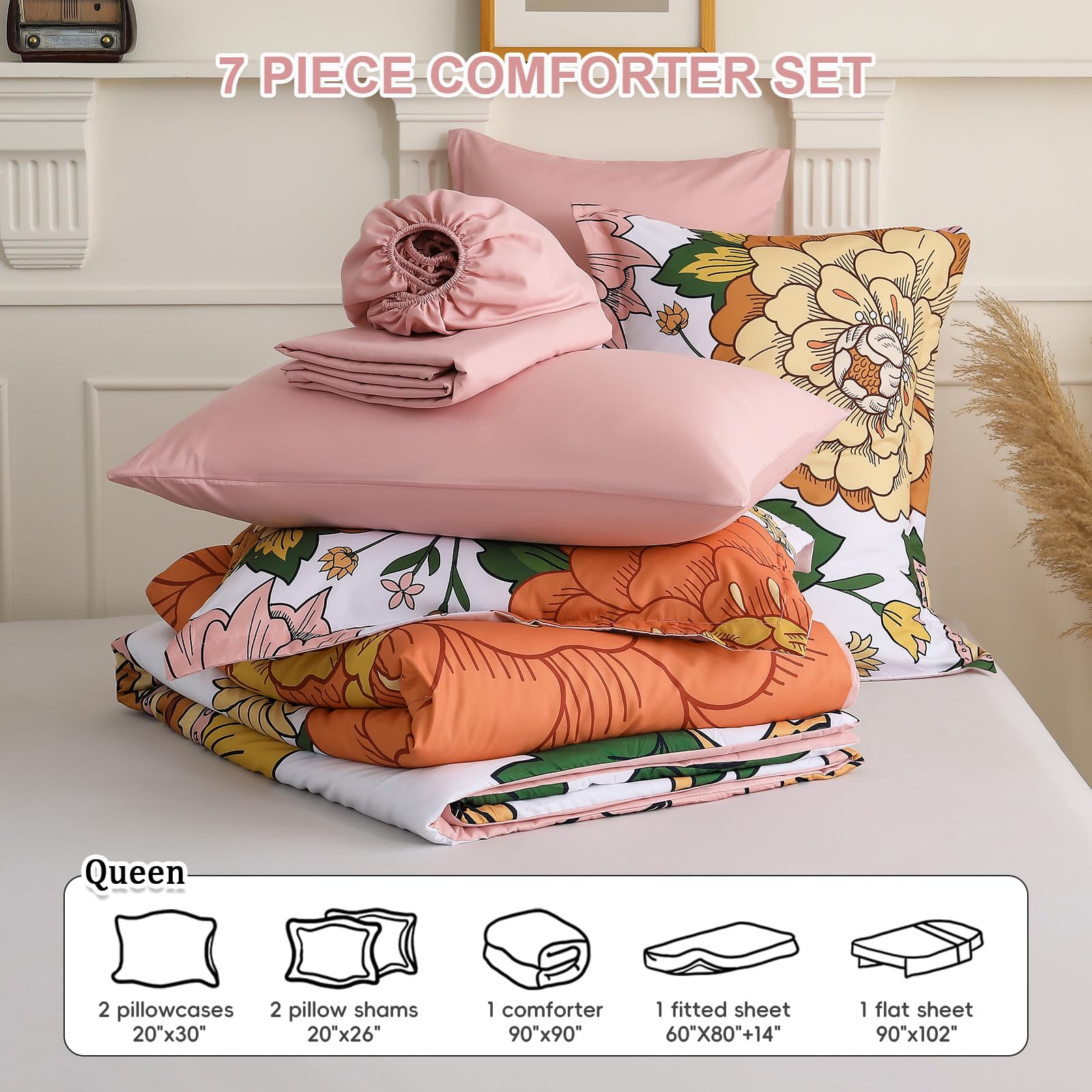 Djoymock Floral Comforter Set, Pink Orange Bedding Set Queen Size 7 Piece Boho Chic Flower Bed in a Bag Revesible Microfiber Winter Down Alternative Bed Set with Pillowcases & Shams,Sheets
