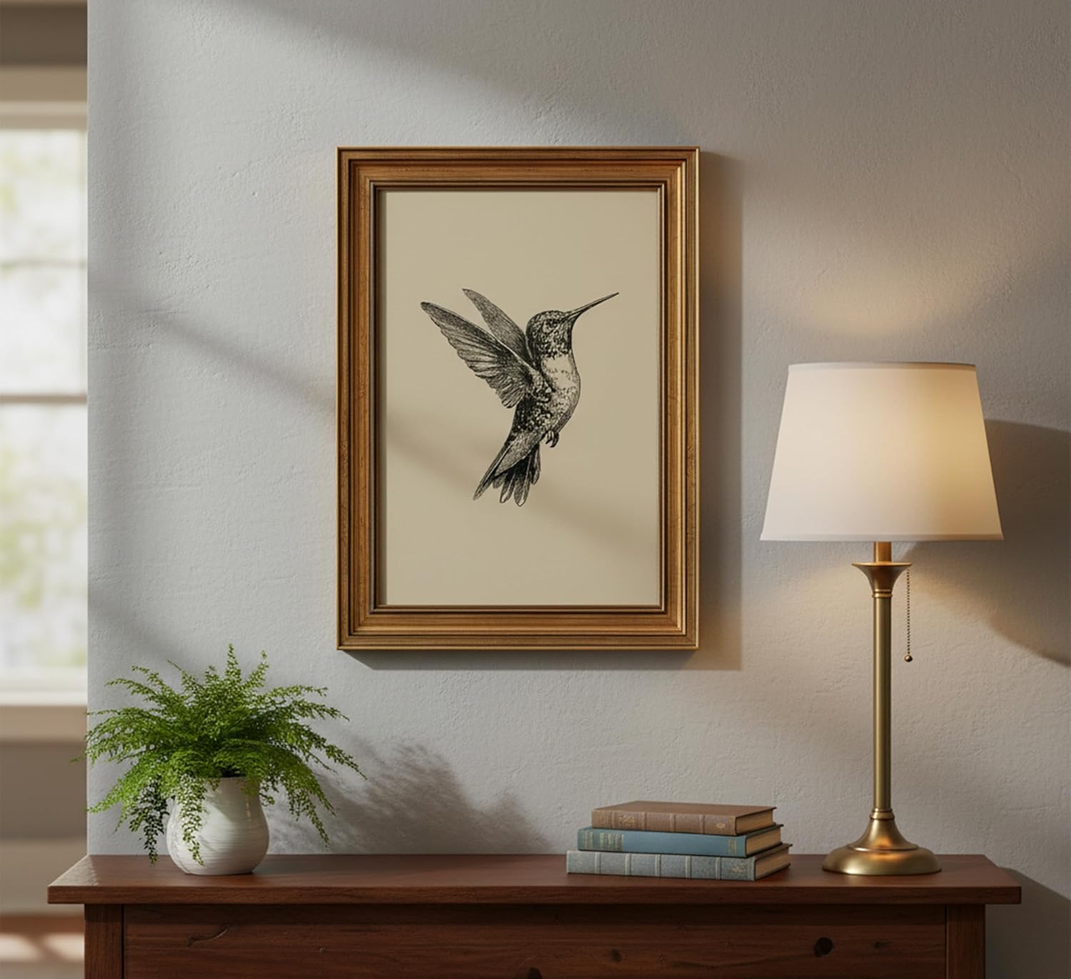 MDHFJEAW Vintage Gold Framed Hummingbird Wall Art - Retro Black & White Canvas Print, 12x16 In