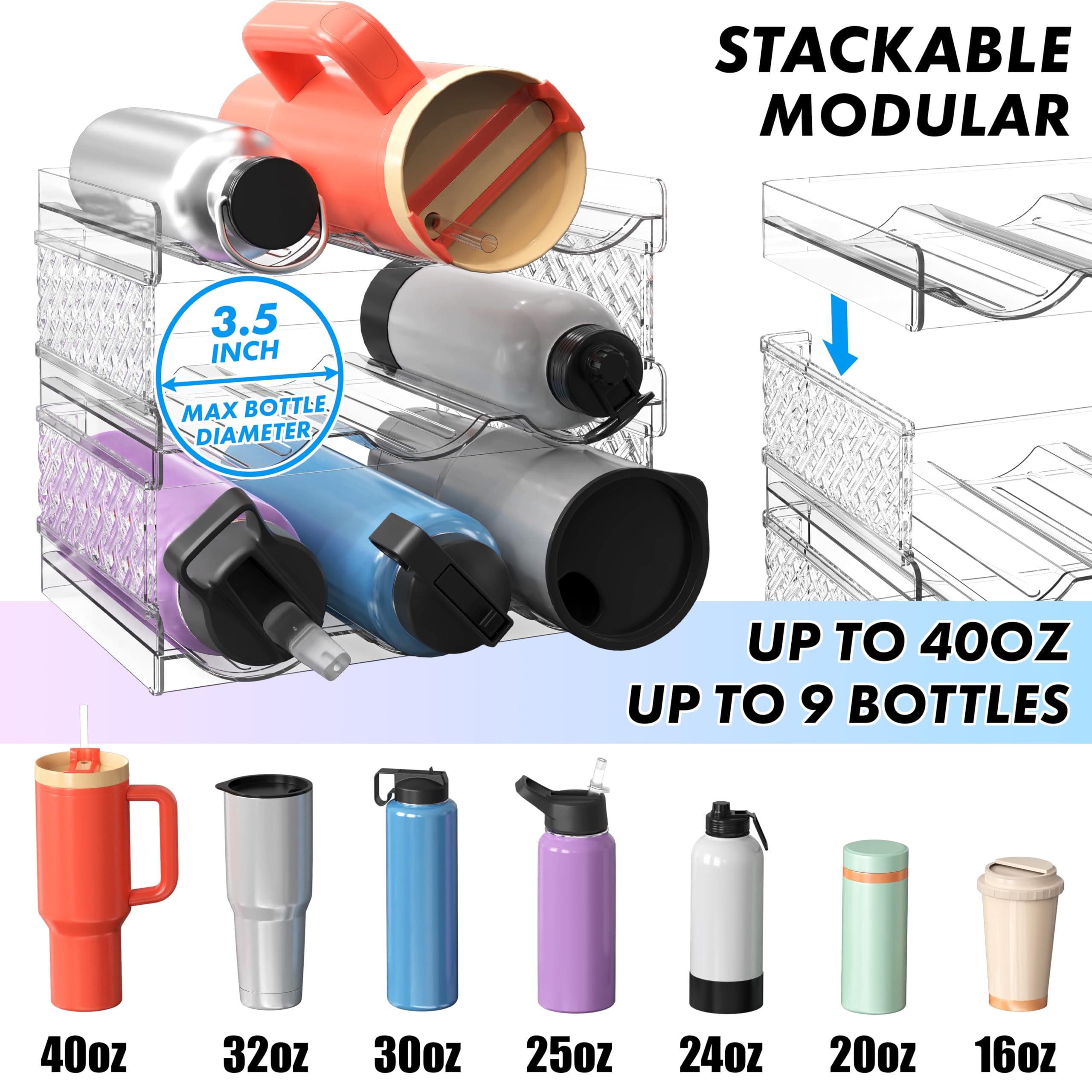 Simple Houseware 3-Tier Stackable Water Bottle Storage Organizer, Clear - Space Saving Bottle Holder for Kitchen, Pantry, and Refrigerator - Fits Stanley 40 oz Tumbler