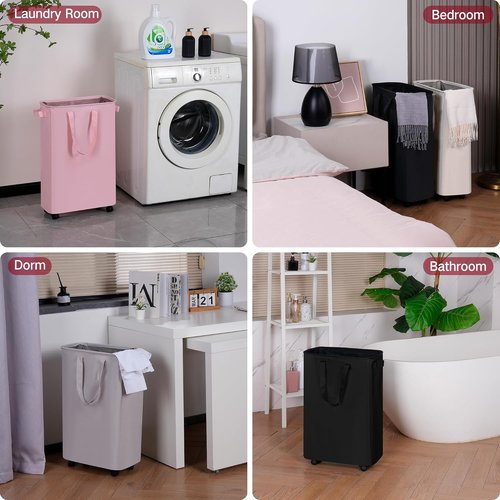 Efluky Slim Laundry Hamper - Rolling Laundry Basket with Wheels, 60L Capacity in Beige | Perfect for Bedroom & Dorm