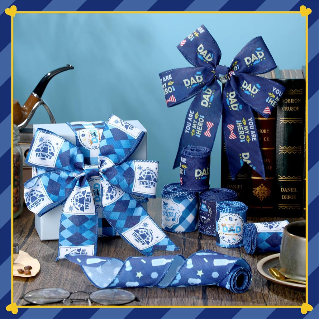 Skiennix 30 Yards Wired Edge Ribbon - Blue Tie Hat Pattern for Father's Day Crafts & Gifts