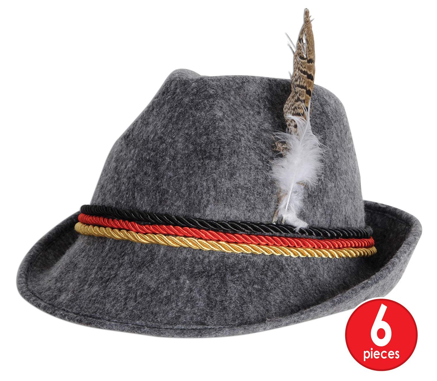 Beistle German Alpine Hats 6-Count Traditional Gray Felt Bavarian Hats with Real Feather and German Flag Rope Detail for Oktoberfest Beer Festivals and Themed Celebrations