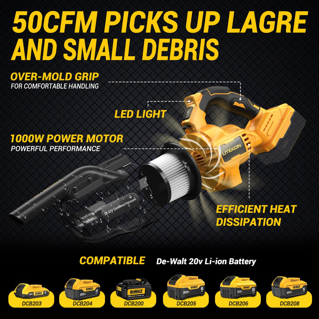 LITEKON Cordless Vacuum Compatible with 𝗗𝗘-𝗪𝗔𝗟𝗧 20V Max Battery (No Battery), Handheld Battery Powered Vacuum Cleaner for Wood Floor, Carpet, Car Cleaning, 125AW (Tool Only)
