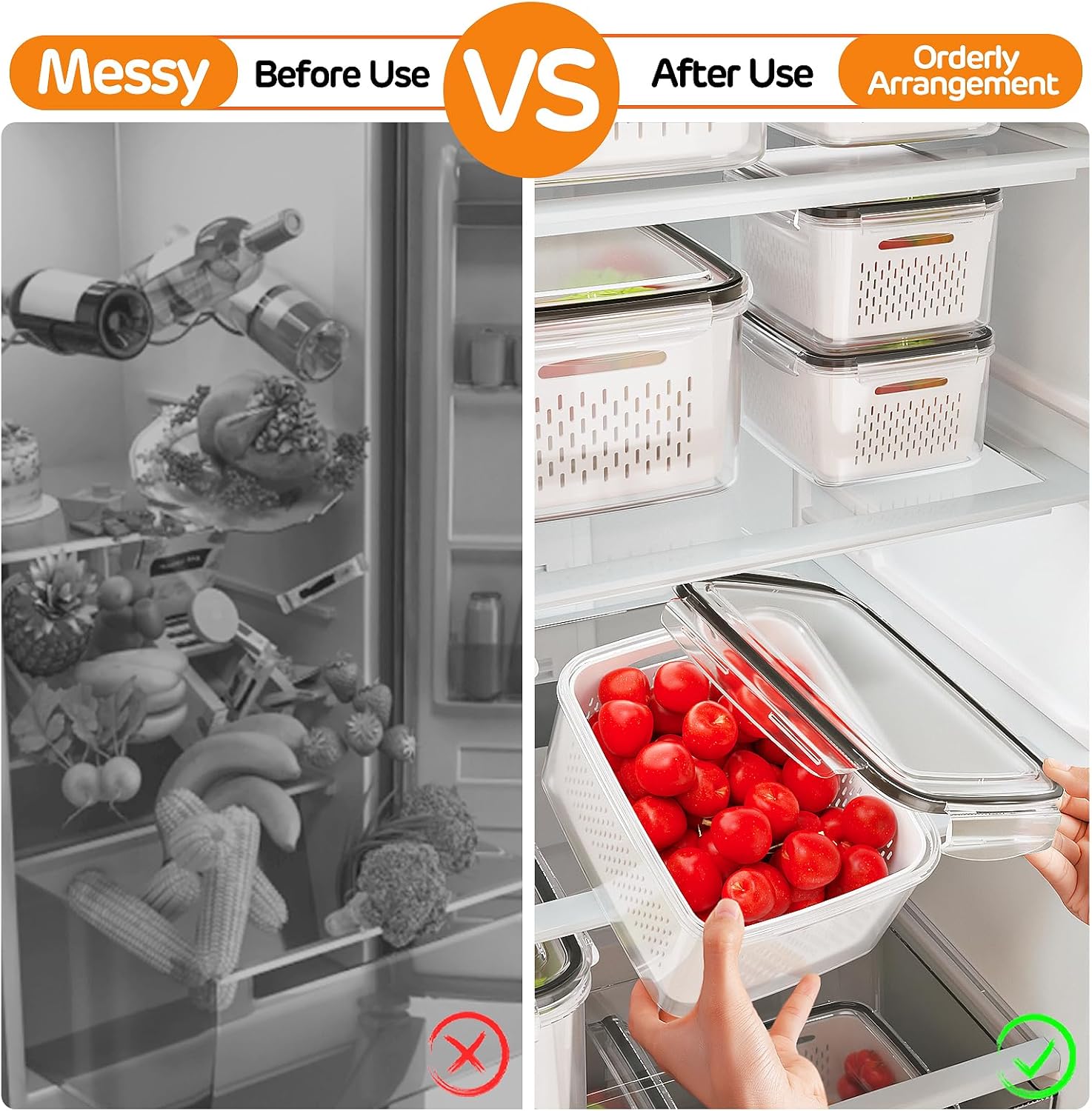 Skiennix 6 PCS Fruit Storage Containers - Leakproof Design with Removable Colanders | Keep Produce Fresh Longer