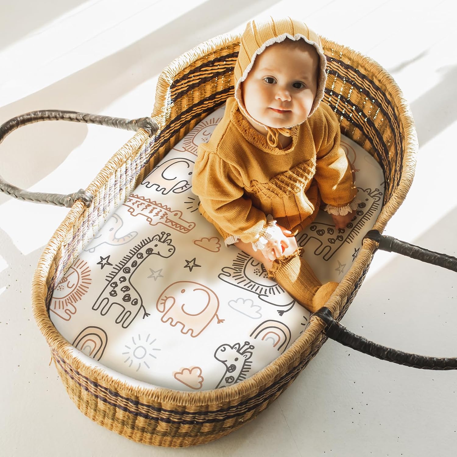 Yoofoss Bassinet Sheets - 3-Pack Fitted Set for Halo Bassinest & Baby Delight | Soft, Breathable, Brown & Animal Prints