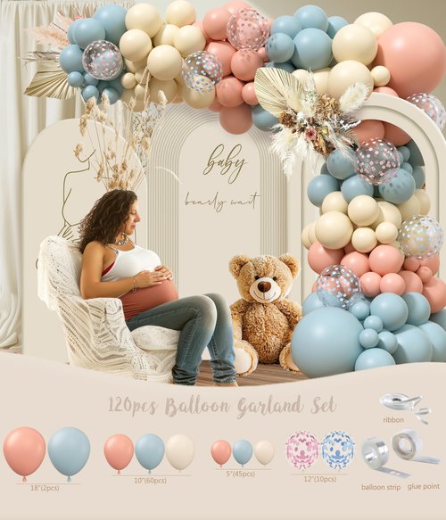 Bear Gender Reveal Decorations, He or She Gender Reveal Party Decoration, Boy or Girl Bear Theme Party Supplies with Backdrop BABY-Box Tablecloth Mom to Be Sash Dad to Be Pin Balloon Arch