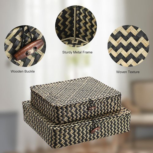Hipiwe Woven Storage Basket Set - Natural Seagrass Bins with Lids for Home Decor | 2-Pack with Black Stripes